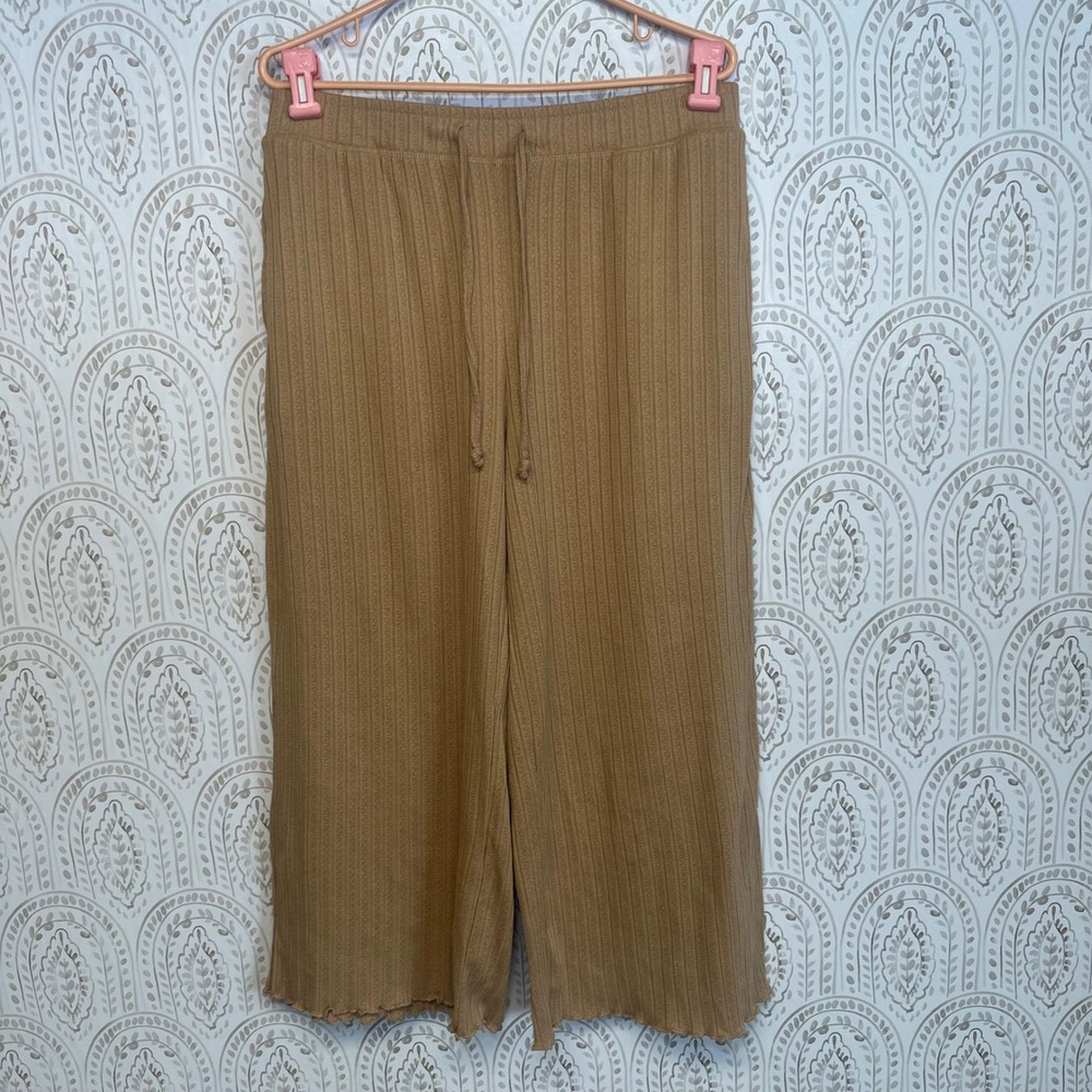 Secret Treasures Tan Ribbed Knit‎ Wide Leg Lounge Pants Lettuce Edge Large 12-14